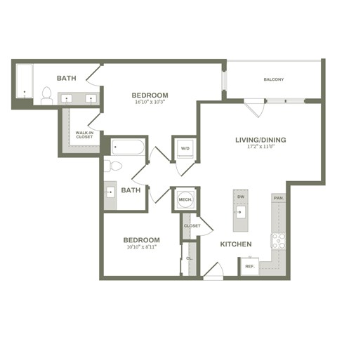 A floor plan of a home with two bedrooms, a living area, a kitchen, and a bathroom.